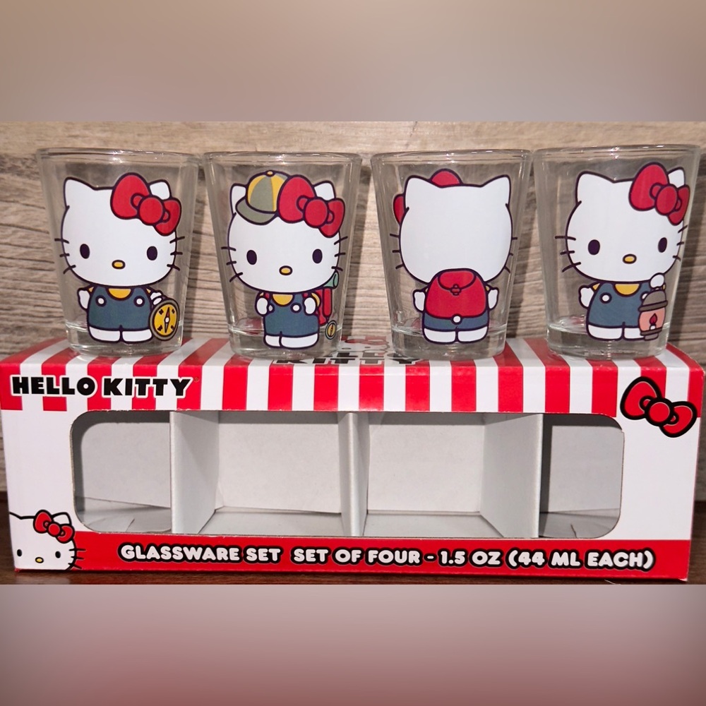 Super Cute Sanrio Hello Kitty Camping Mini Glass Set of 4 1.5 Oz each.